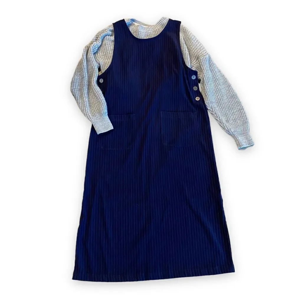 Vintage Pinafore Modest Erika Studios Navy Blue Sleeveless Maxi Dress
